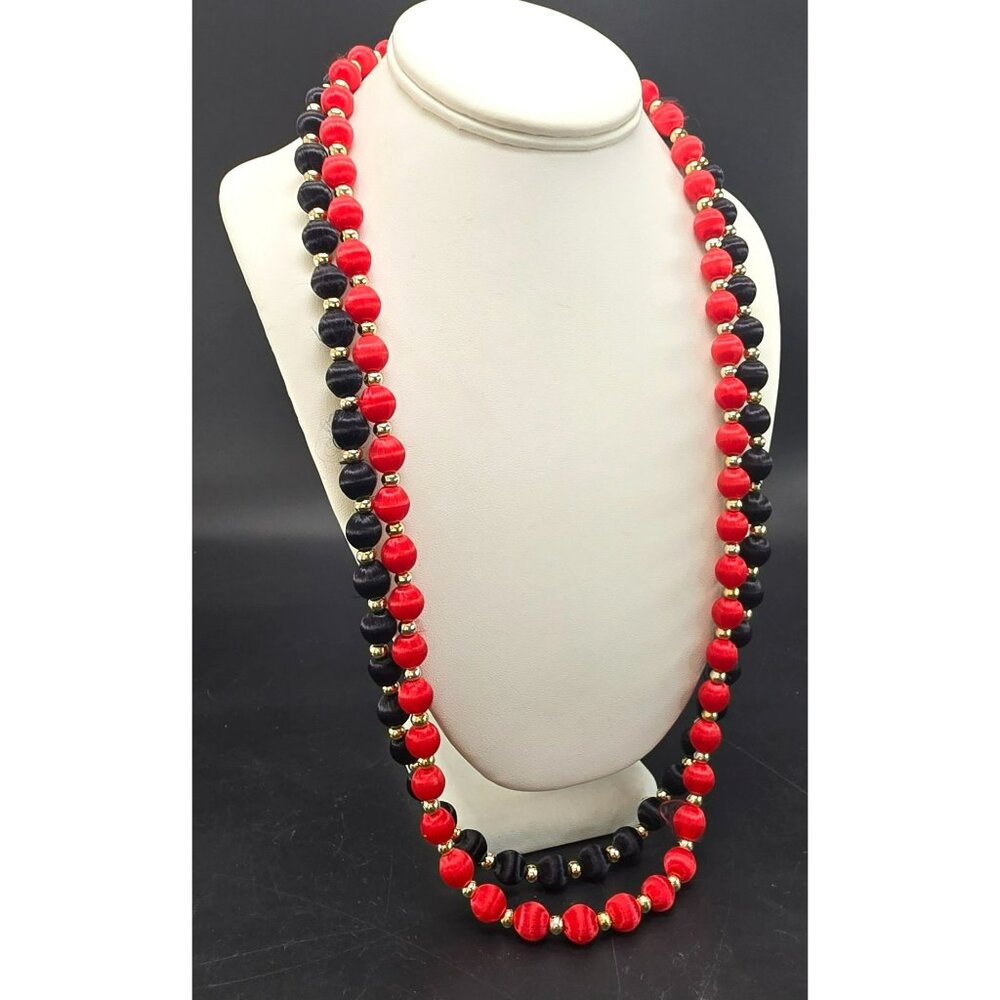 Vintage Red & Black Satin Thread Beaded Necklaces With Gold-Tone Accents HS200